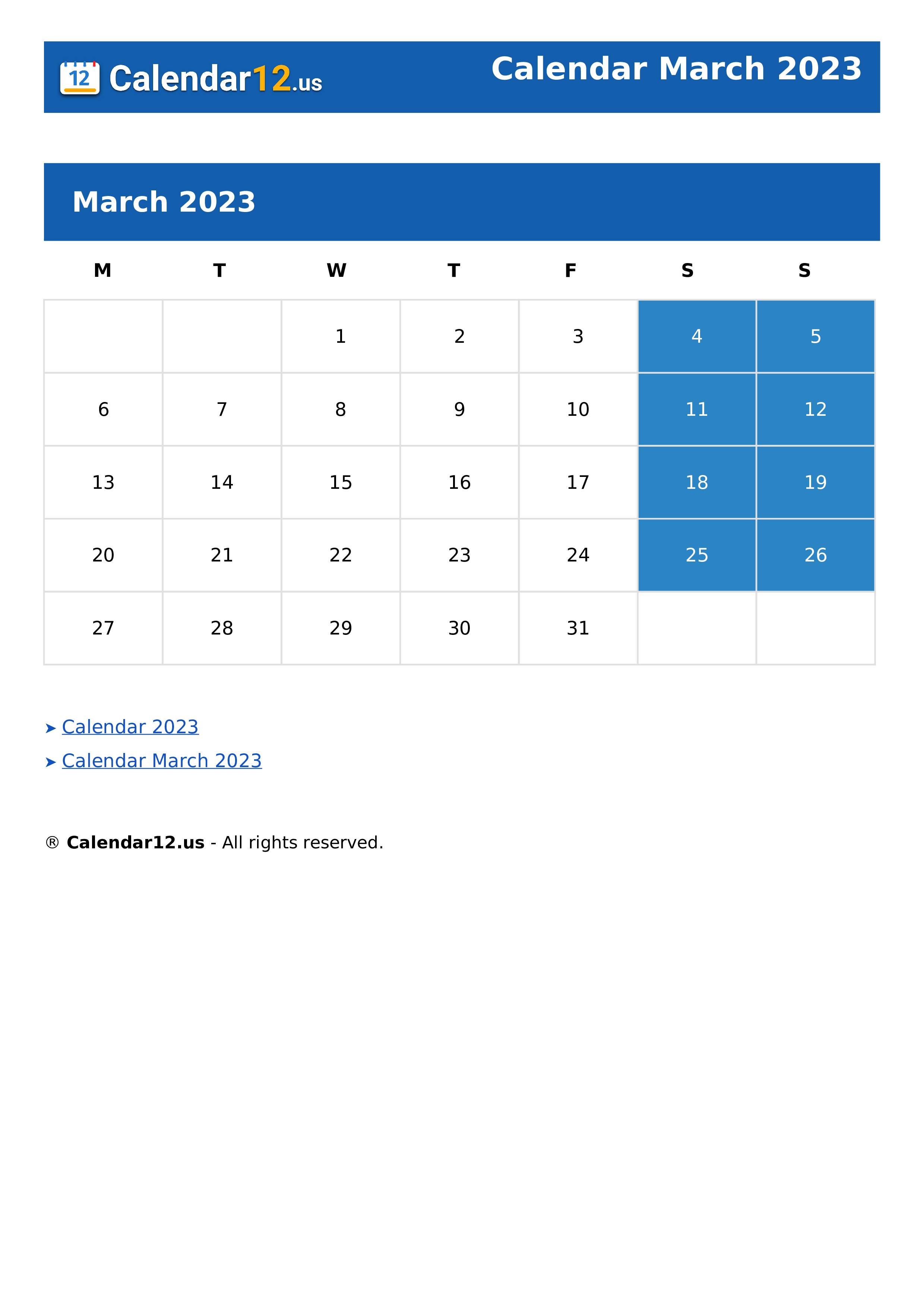 Calendar March 2023